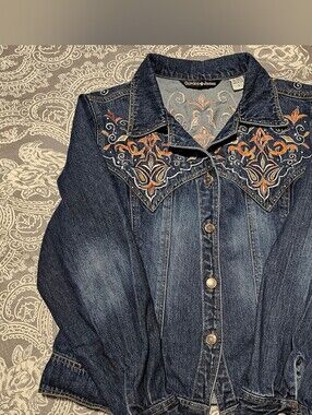Gordon & James Embroidered Dark Denim Jacket - Blue with Orange Accents